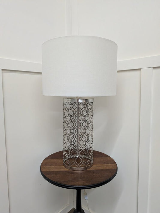 Silver "Lattice" Lamp w Shallow Drum Shade