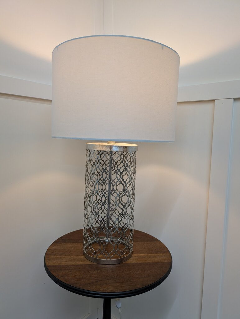Silver "Lattice" Lamp w Shallow Drum Shade