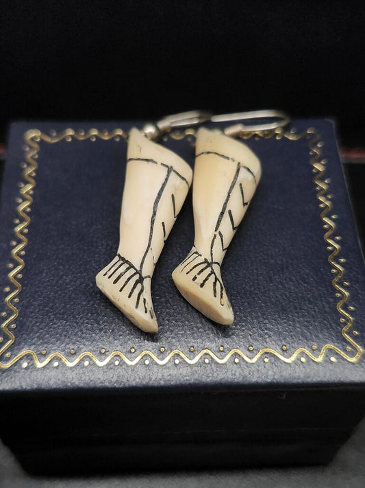 INUIT CARVED BONE KAMIK BOOT EARRINGS