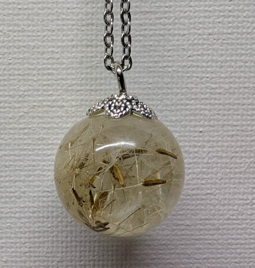 Dried dandelion seed sphere 30 inch stainless steel necklace