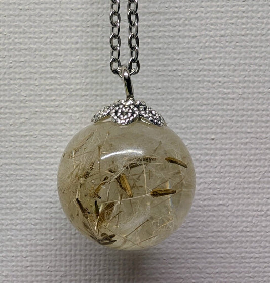 Dried dandelion seed sphere 30 inch stainless steel necklace