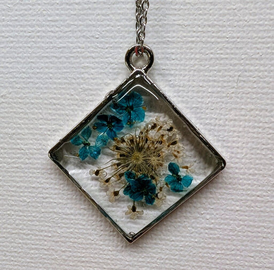 Teal Forget Me Not and white 15 inch stainless steel necklace