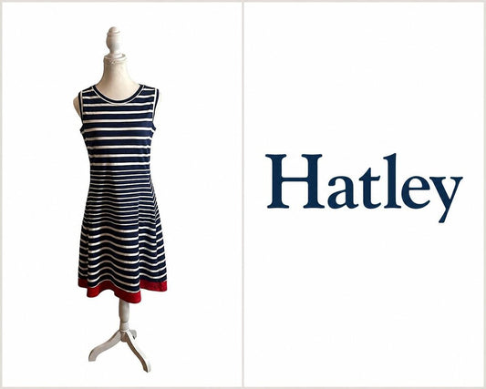 HATLEY Navy & White Striped Sleeveless Fit & Flare Dress with Red Hem ~ Size Medium
