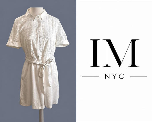 IMNYC Isaac Mizrahi White Eyelet Shirt Dress with Tie Waist ~ Size 14