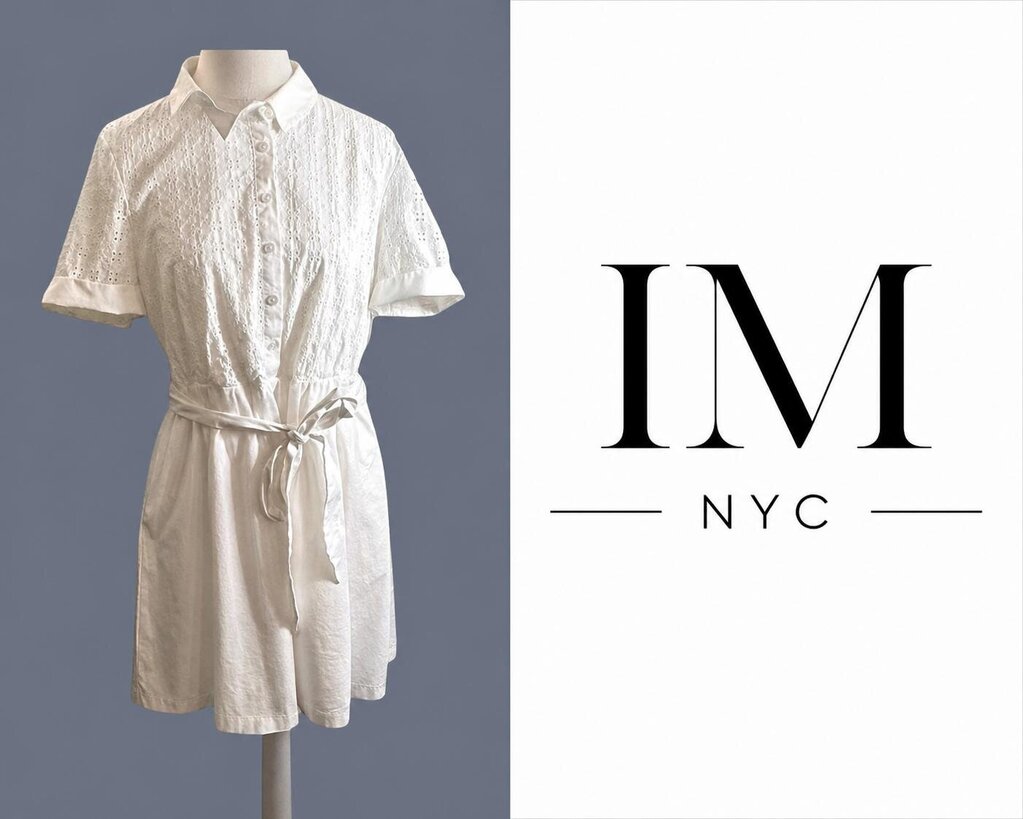 IMNYC Isaac Mizrahi White Eyelet Shirt Dress with Tie Waist ~ Size 14