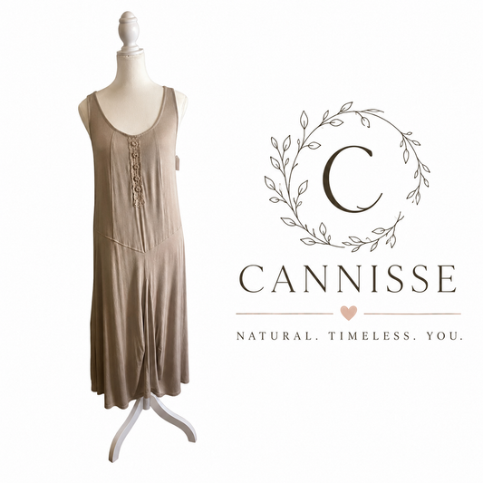 CANNISSE Taupe Sleeveless Midi Dress Linen Look Bodice ~ Size 8/10