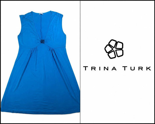 TRINA TURK Blue Sleeveless V-Neck A-Line Dress ~ e Large