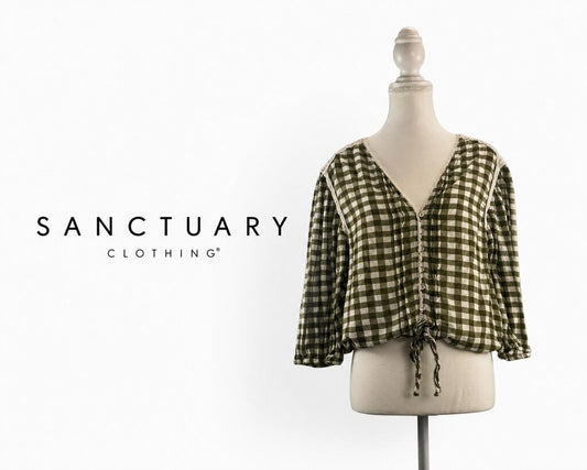 SANCTUARY Olive Green Gingham Tie Front Blouse ~ Large
