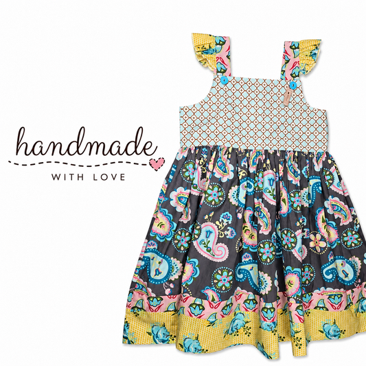 HANDMADE Girls Patchwork Flutter Sleeve Dress Size 8-10