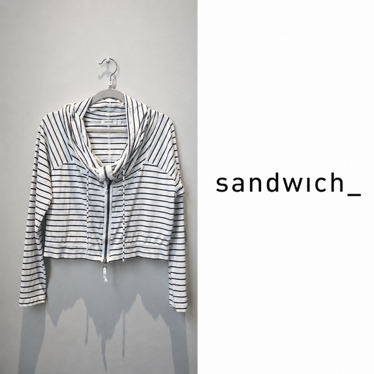 SANDWICH Striped Cropped Zip-Up Hoodie Cardigan White Navy - Small