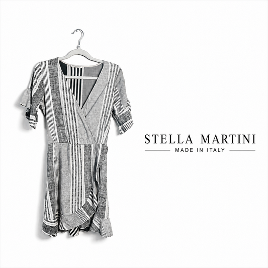 STELLA MARTINI Made in Italy 100% Linen Striped Wrap Dress XS