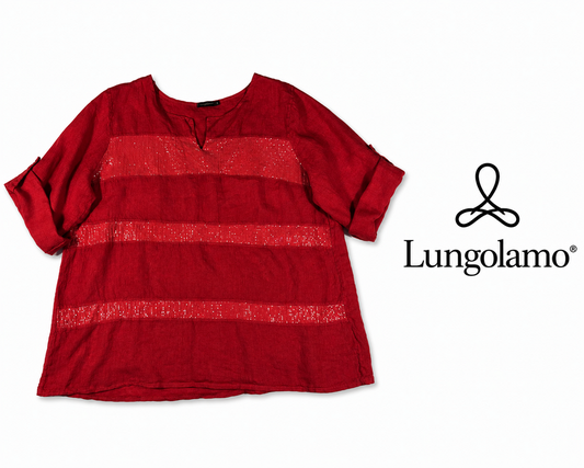 LUNGOLAMO Red Linen Sequin Blouse ~ Size 3XL