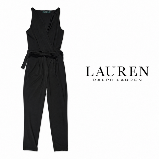 LAUREN RALPH LAUREN Black Sleeveless Faux Wrap Jumpsuit Tie Waist ~ Large