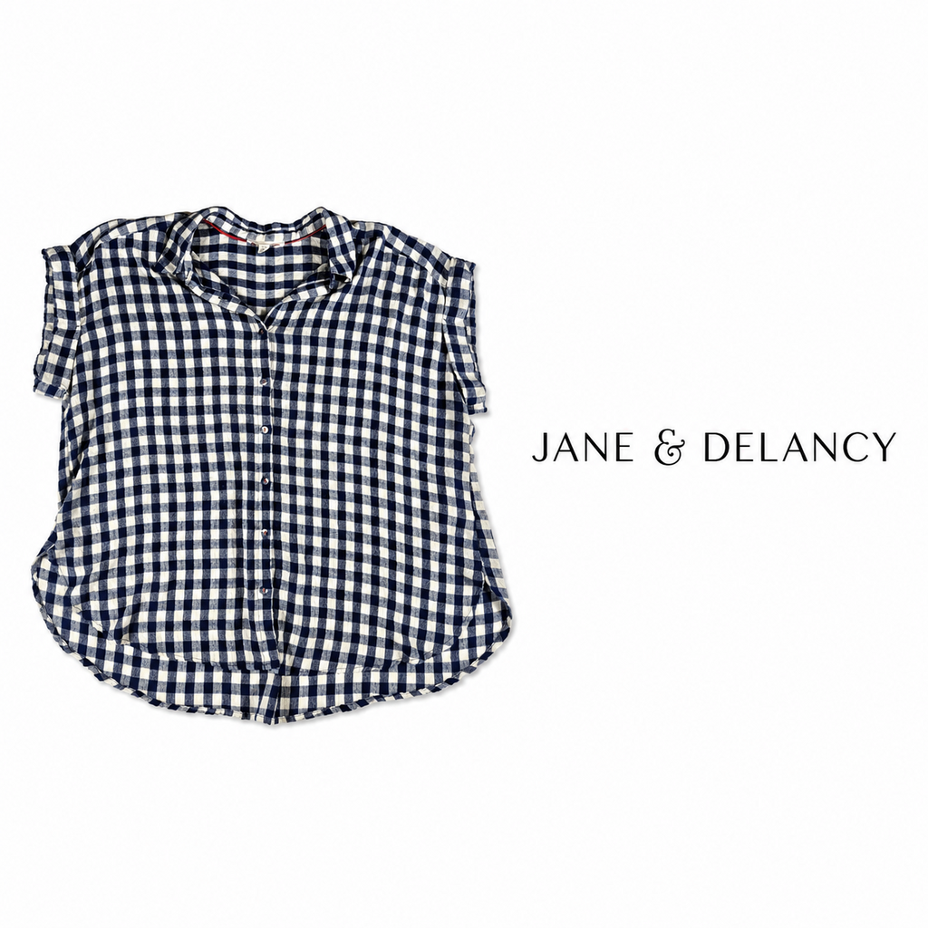 JANE & DELANCEY Gingham Short Sleeve Button Front Blouse ~ Size 1X