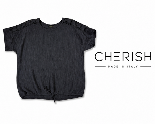 CHERISH Made in Italy Black Cotton Gauze Tie Front Top ~ 3XL