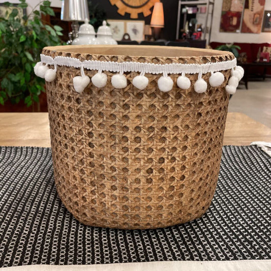 10" CERAMIC BASKET POT WITH POM POM