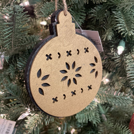 FLAT WOOD BALL ORNAMENT - GOLD