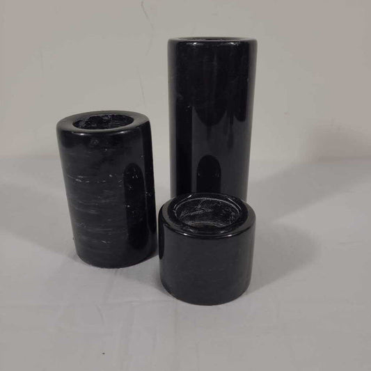 BLACK MARBLE CANDLE HOLDERS 3 PC SET