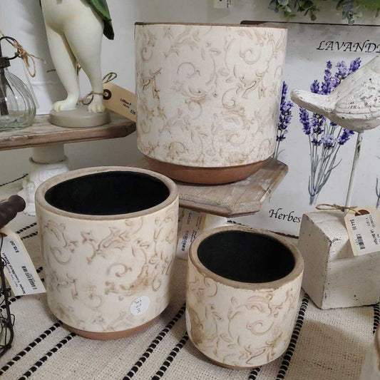 Set of 3 Cream Rustic Scroll Garden Pots