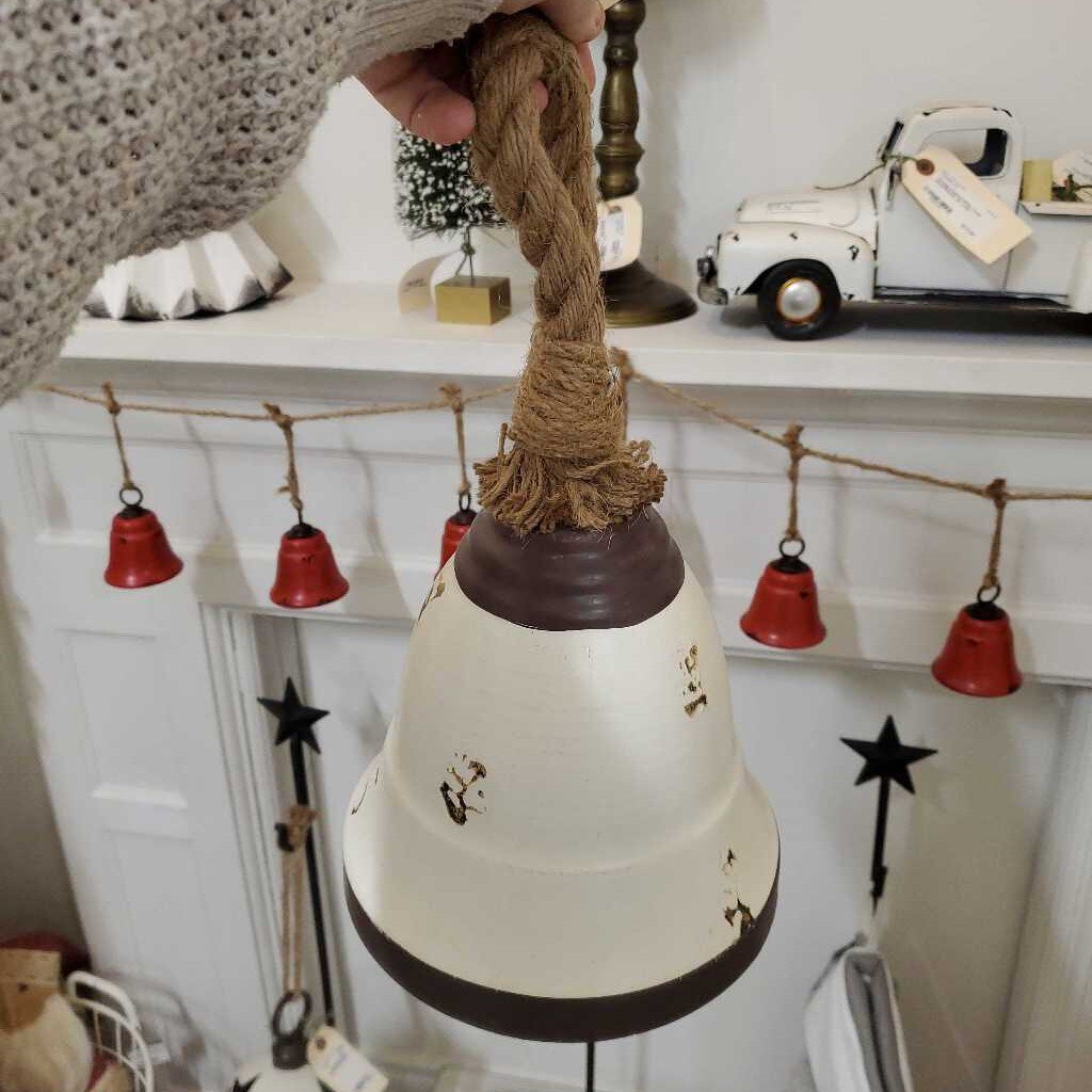Distressed Antique White Metal Bell/Jute Rope