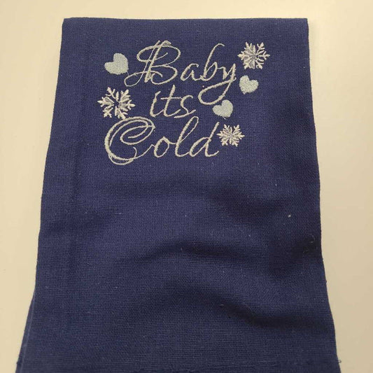 EMB Christmas tea towel baby it's cold navy blue