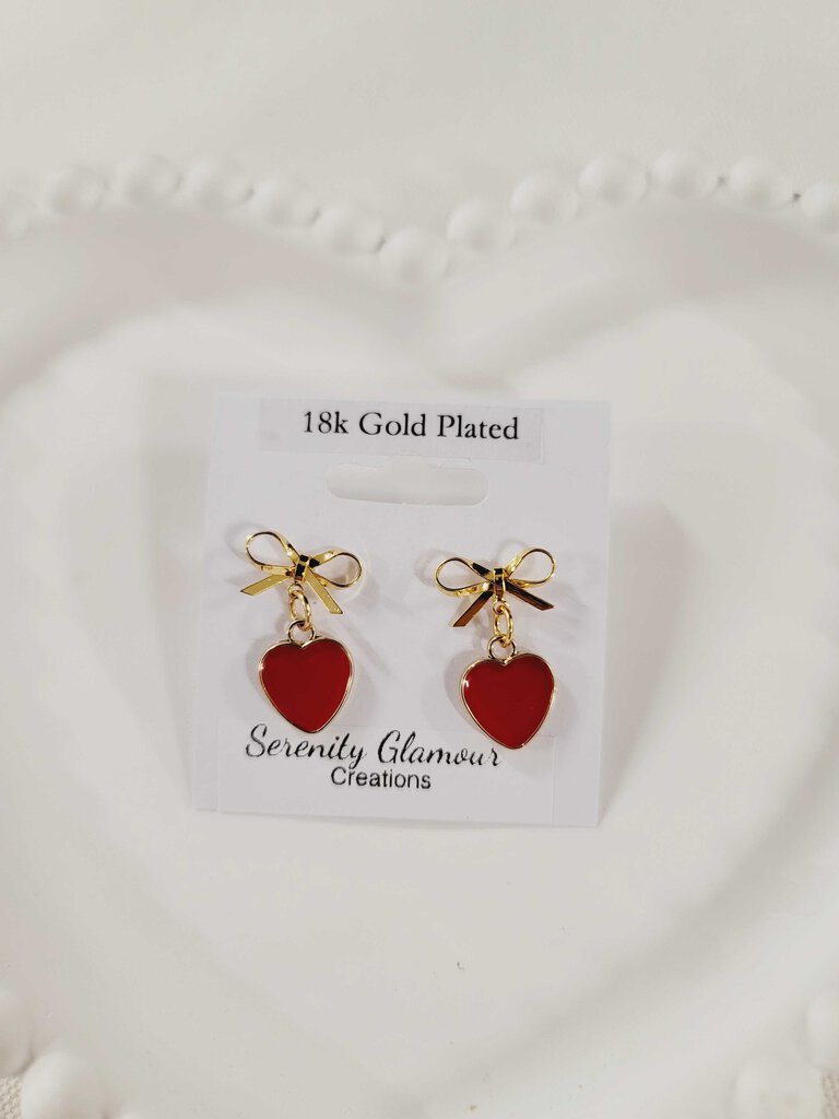18k Gold Plated Earings Bow and Red Heart