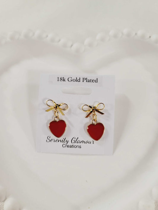 18k Gold Plated Earings Bow and Red Heart