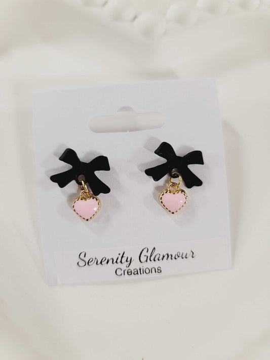 18k Gold Plated Black Bow and Pink Heart Earings
