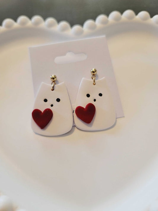 Handcrafted Clay Cat Earings with Heart