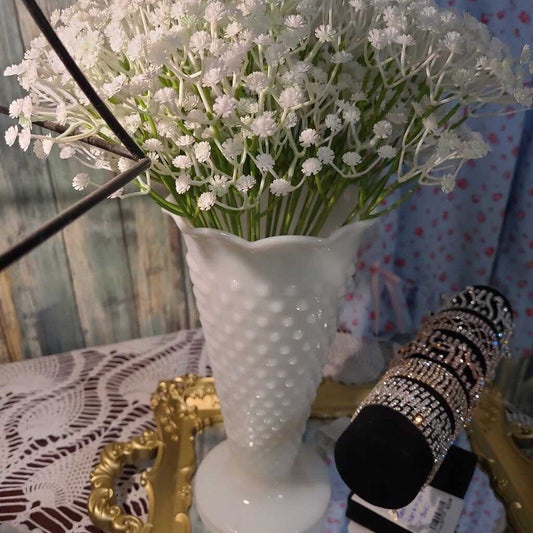 Hobnail milk glass vase and flowers