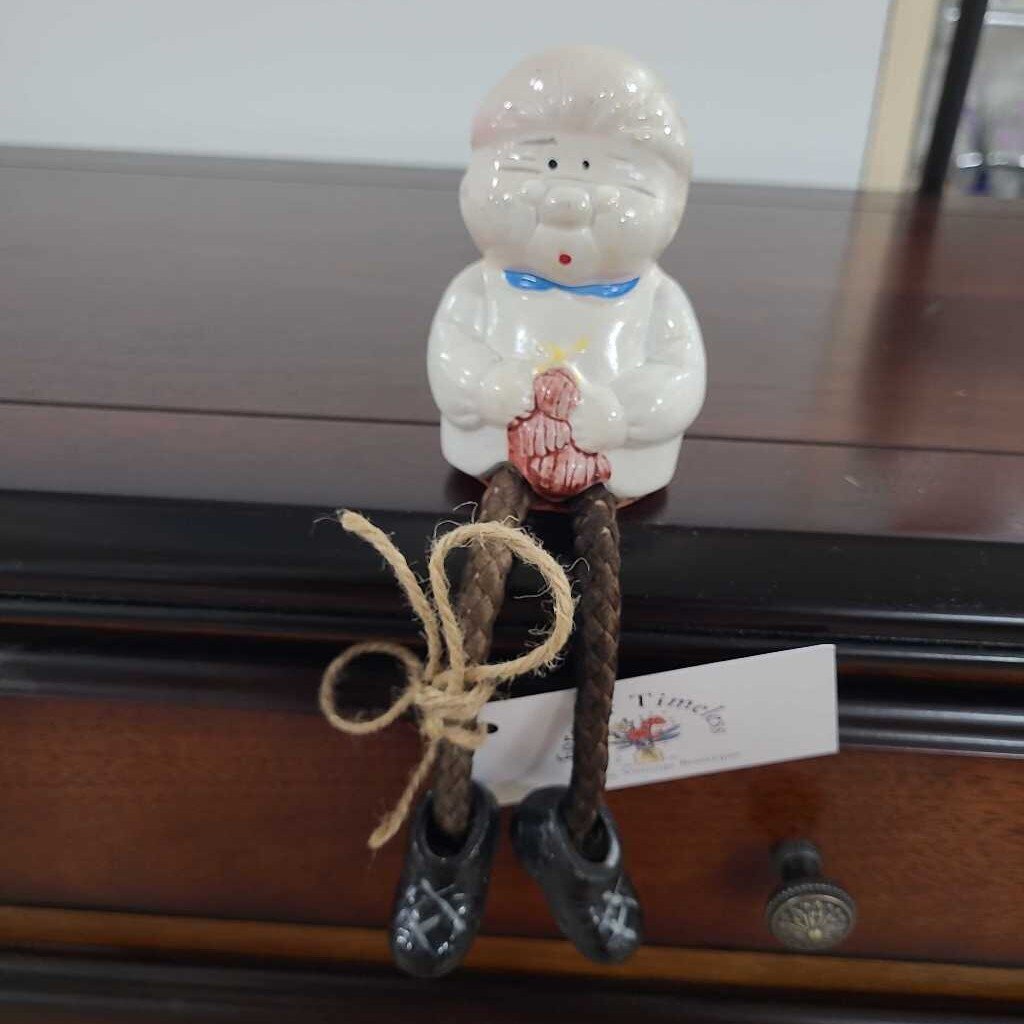 HAND PAINTED CERAMIC LONG LEGGED GRANDMA KNITTER