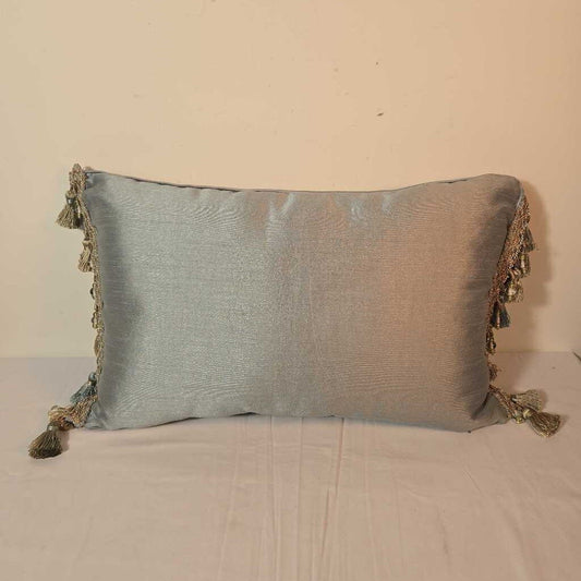 BLUE & TAUPE LUMBAR PILLOW W/FRINGE