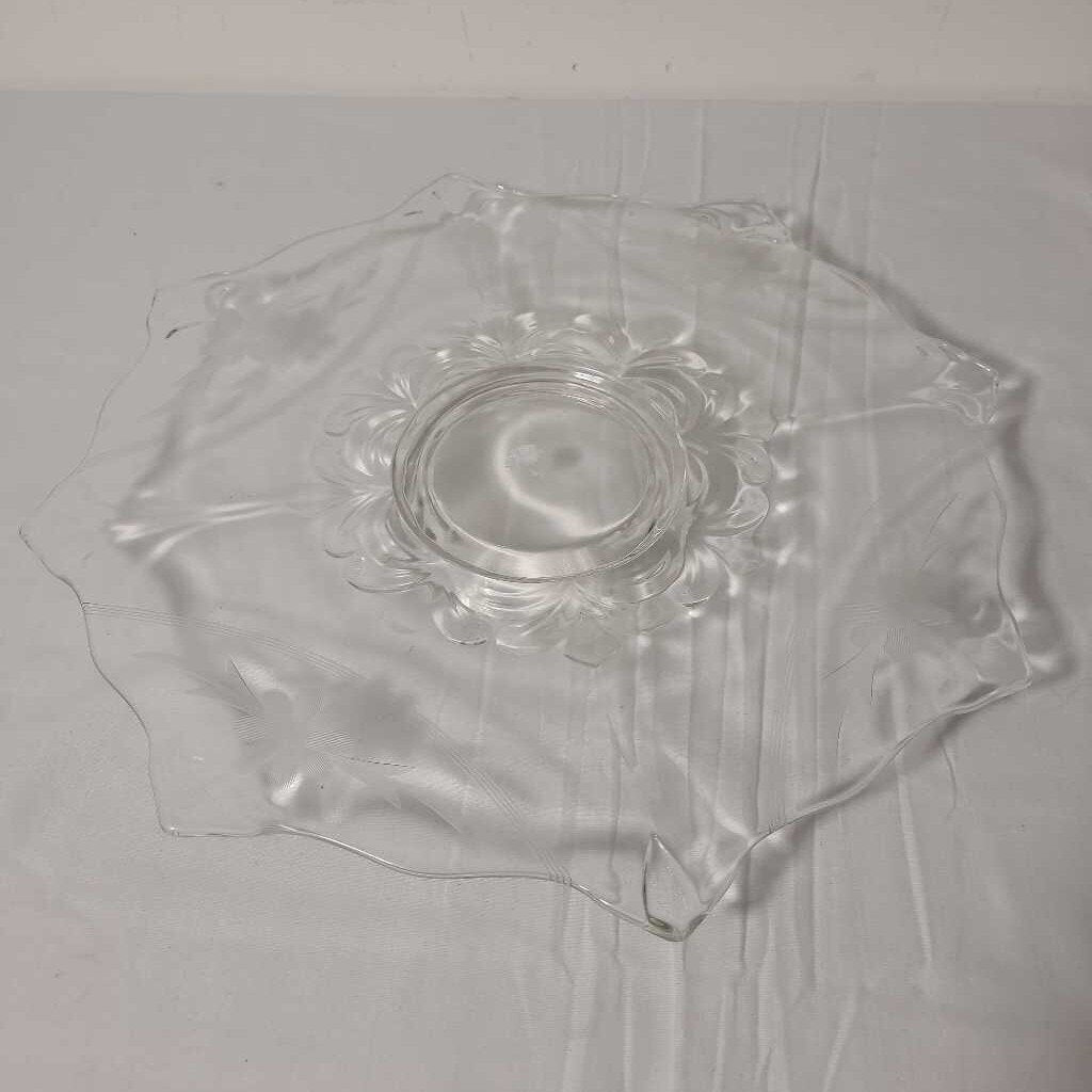 VTG FLORAL ETCHED OCTAGONAL GLASS CAKE PLATE