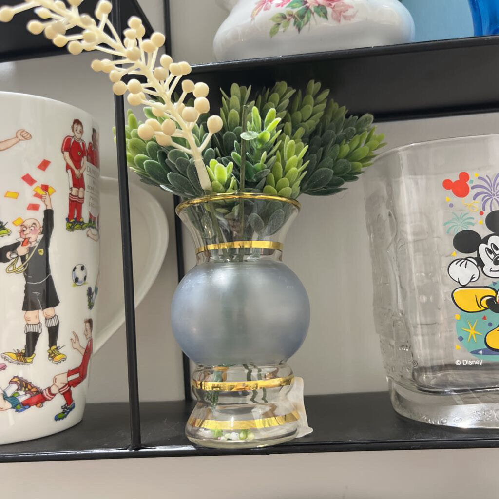 VINTAGE FROSTED GLASS BUD VASE WITH GOLD TRIM