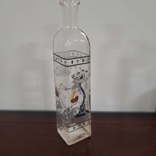 VINTAGE HAND PAINTED PARIS GLASS BOTTLE WITH WINE & BREAD SCENE