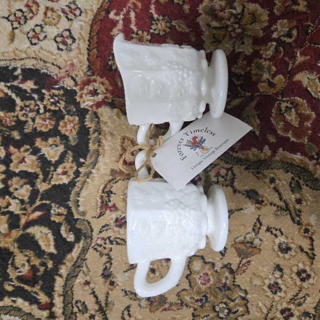 VINTAGE MILK GLASS CREAMER & SUGAR BOWL PANELED GRAPE