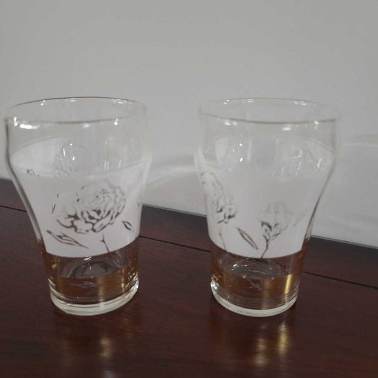 2 VTG. DOMIINION JUICE GLASSES WIH ROSE PATTERN & GOLD RIMS