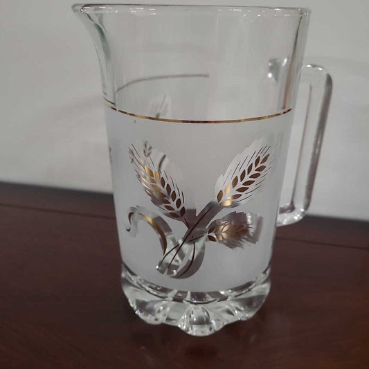 VTG ITALIAN GLASS PITCHER GOLDEN WHEAT FROSTED/GOLD TRIM