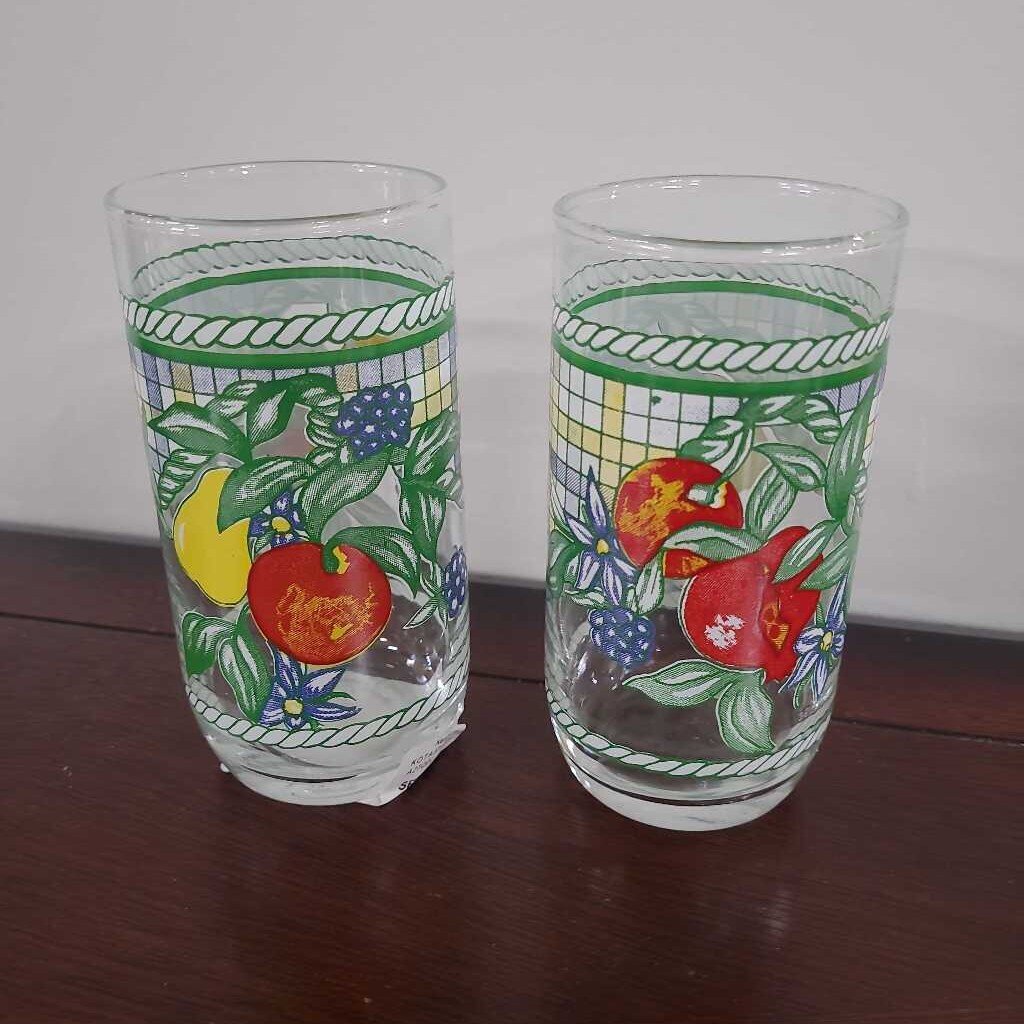 SET OF 2 VTG KIG INDONESIA TUMBLERS W/FRUIT/LEAVES