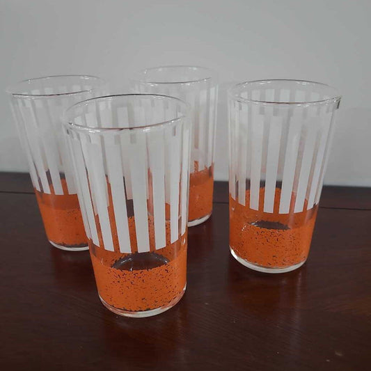 SET OF 4 VTG DOMINION GLASS TUMBLERS ORANGE/WHITE STRIPE