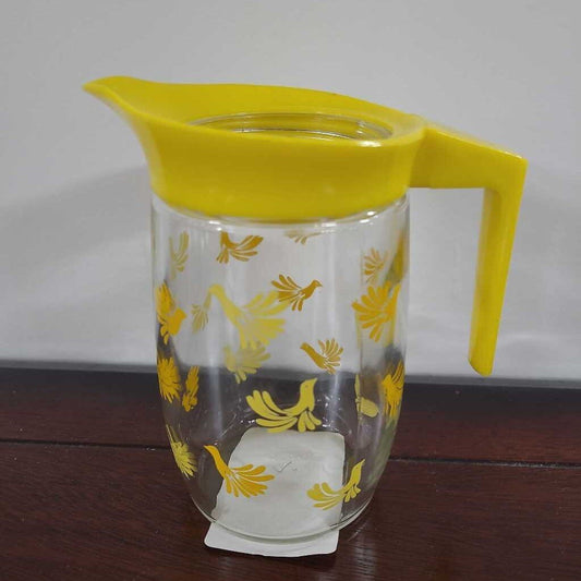 VTG MINI GLASS PITCHER W/YELLOW & ORANGE BIRDS YELLOW LID