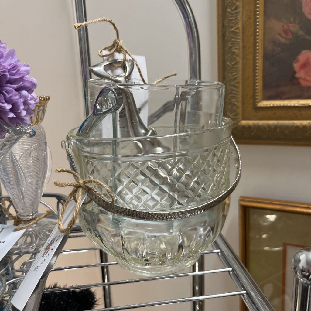 VTG PRESSED GLASS ICE BUCKET DIAMOND PT. METAL HANDLE