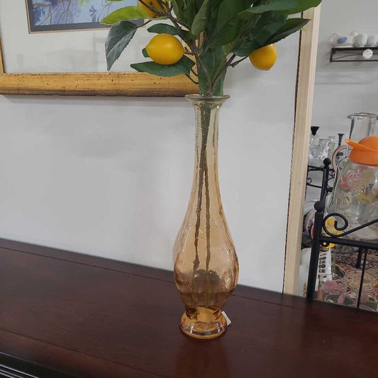 RETRO AMBER GLASS 17" VASE MADE IN SPAIN - INCLUDING FLORALS