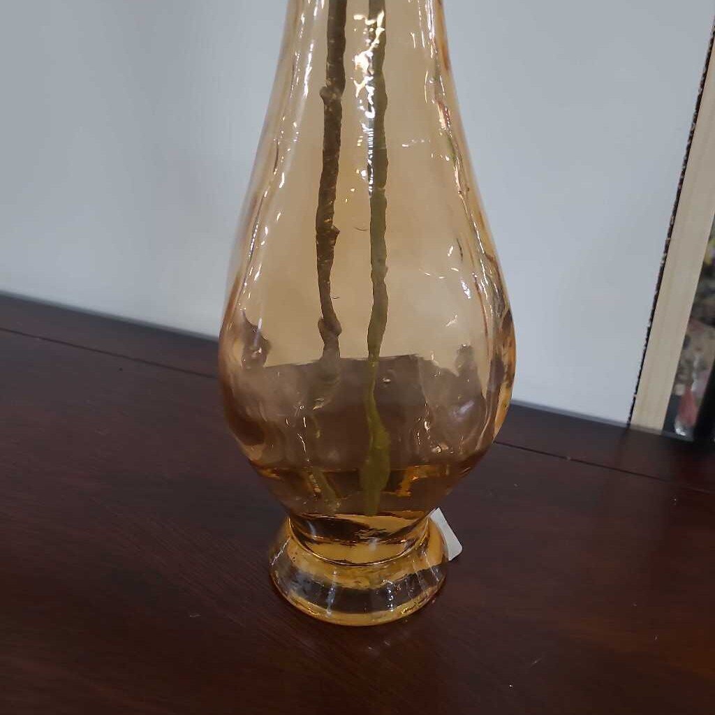 RETRO AMBER GLASS 17" VASE MADE IN SPAIN - INCLUDING FLORALS