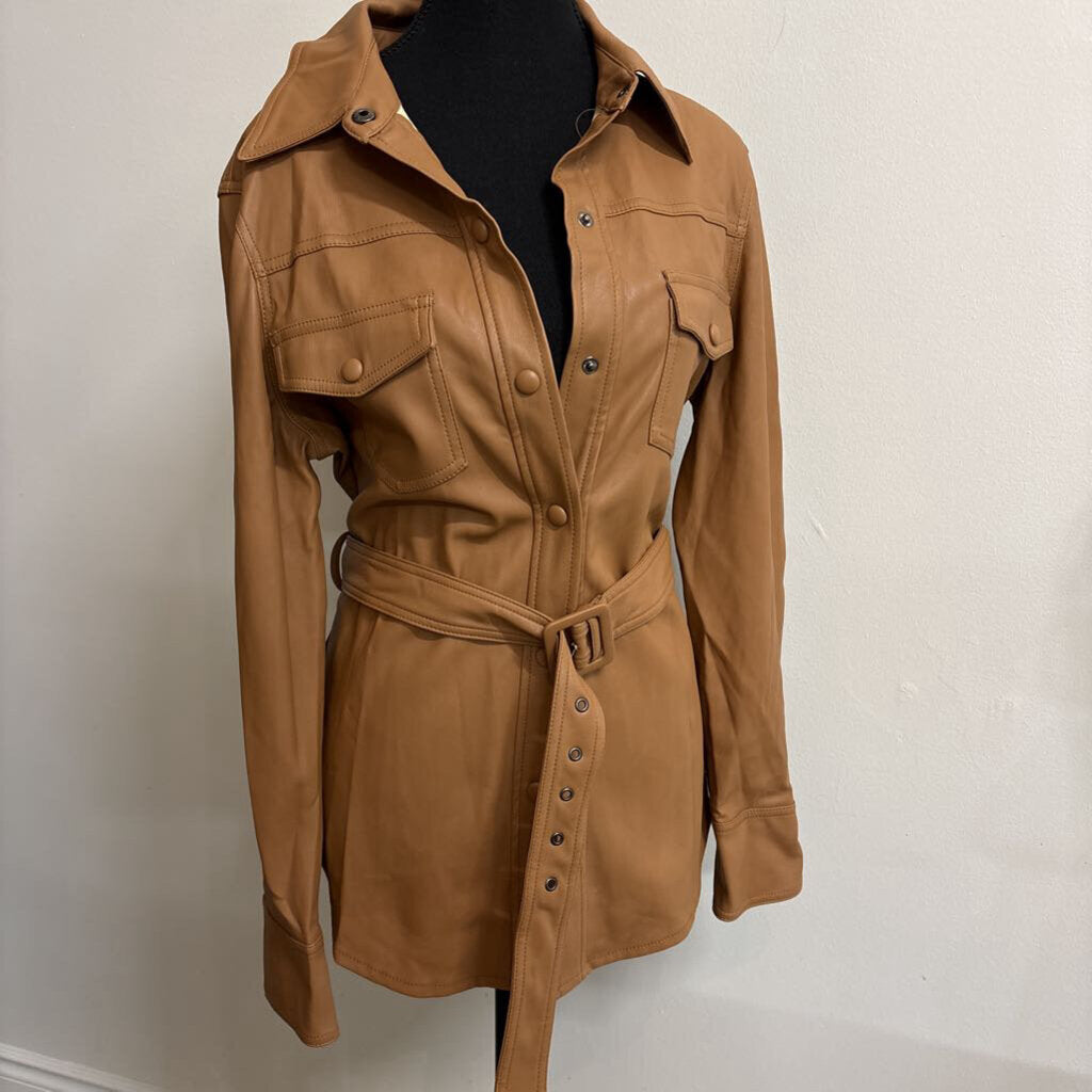 BROWN FAUX LEATHER JACKET W/BELT