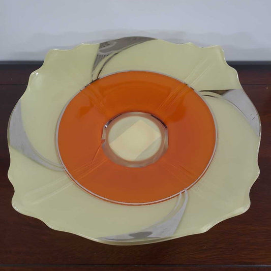 VTG ART DECO SCALLOPED GLASS PEDESTAL BOWL