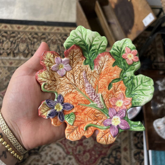 VTG FITZ & FLOYD TRINKET DISH/SPOON REST W/PURPLE FLOWERS