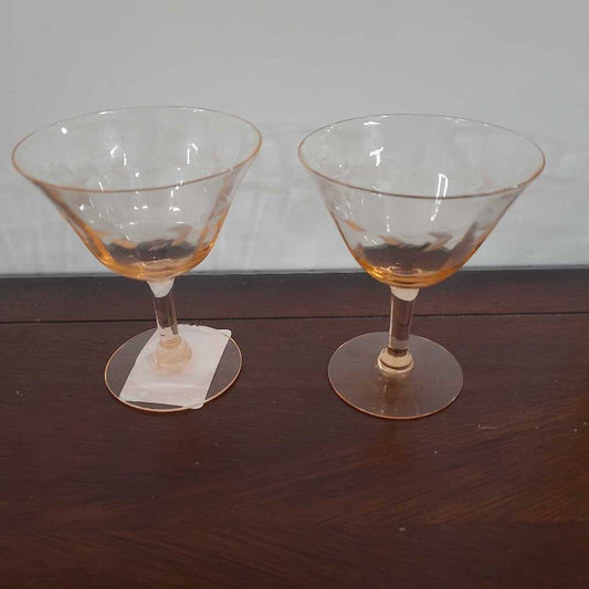 SET OF 2 VTG PINK DEPRESSION GLASS WINE/SHERBET GOBLETS ETCHED FLORAL