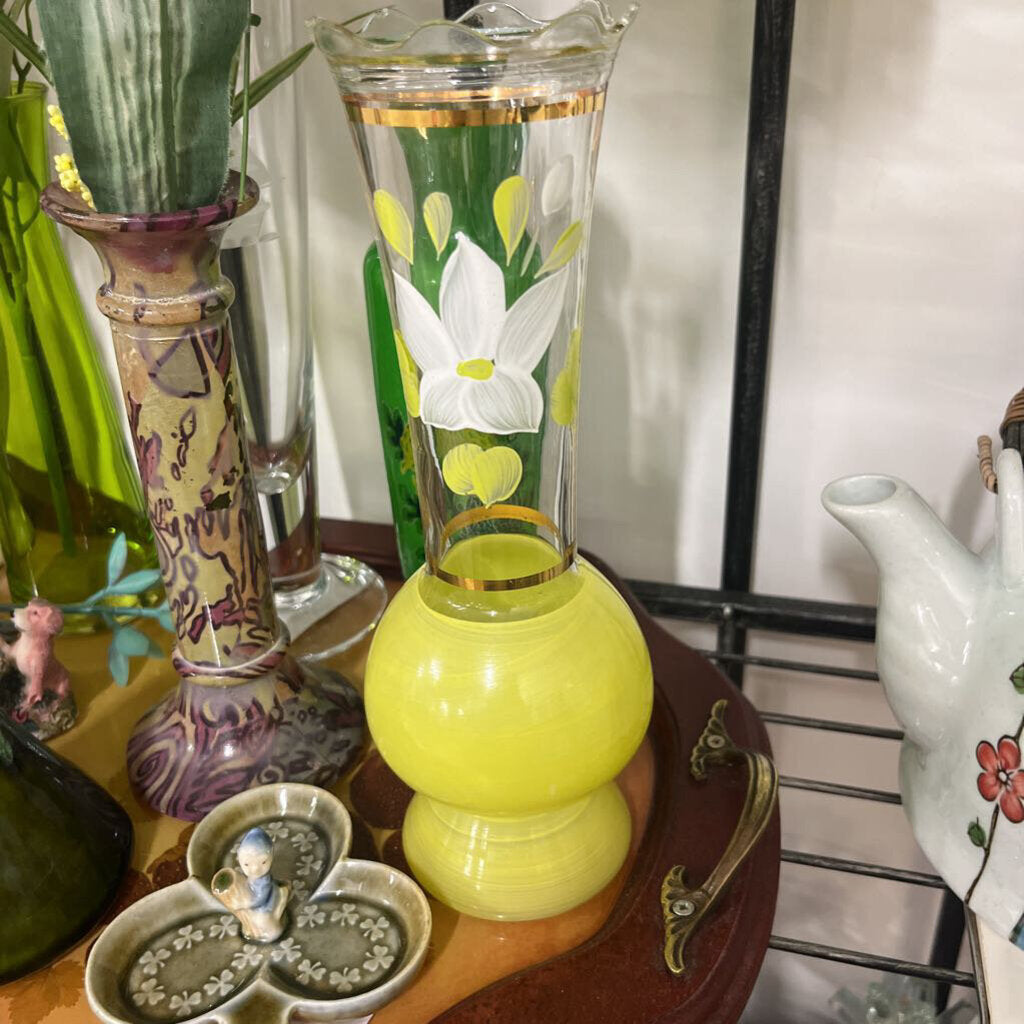 VTG BARTLETT COLLINS HAND BLOWN & PTD YELLOW BUD VASE W/GOLD TRIM