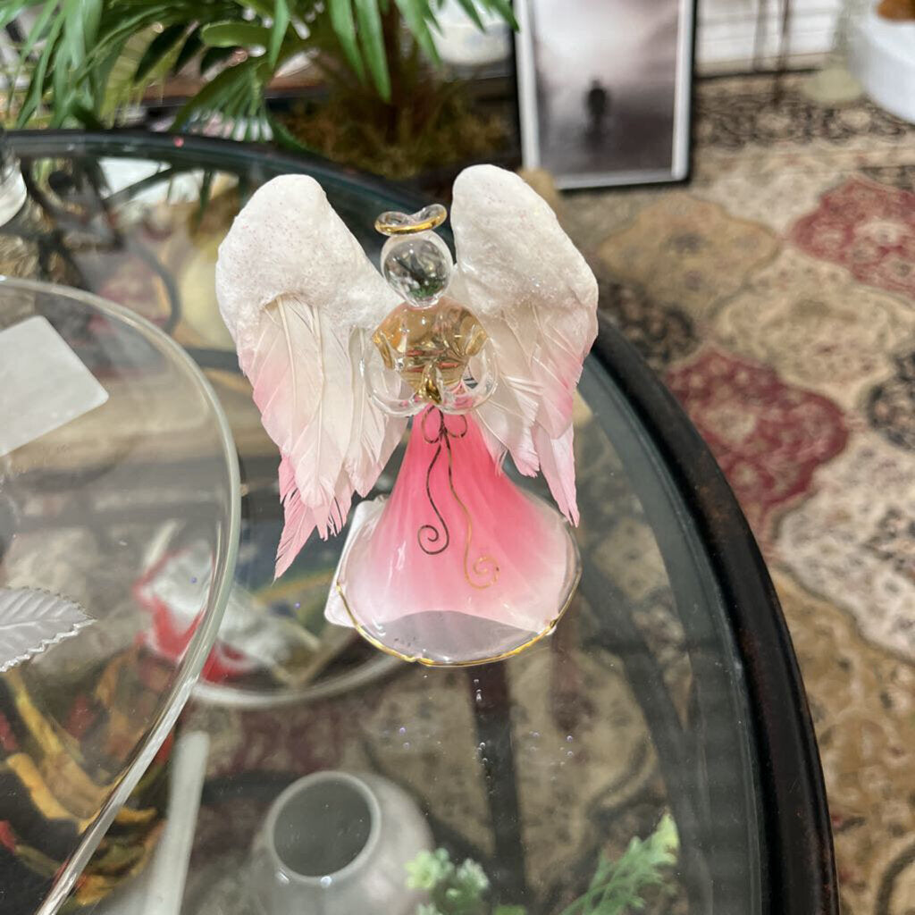 DELICATE PINK ANGEL WITH FEATHER WINGS & GOLD HALO & TRIM